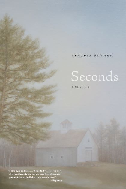 Novella cover, oil painting with moody, foggy tone, featuring tree and old, white barn with forest in the background,. Title: Seconds.